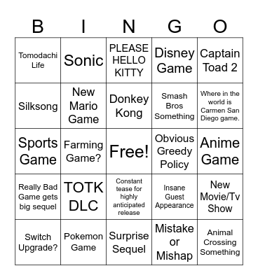 Nitendo DIrect 2023 Bingo Card