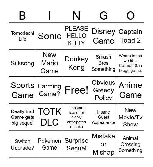 Nitendo DIrect 2023 Bingo Card
