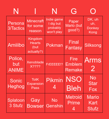 Nintendo Direct 6.21.23 Bingo Card