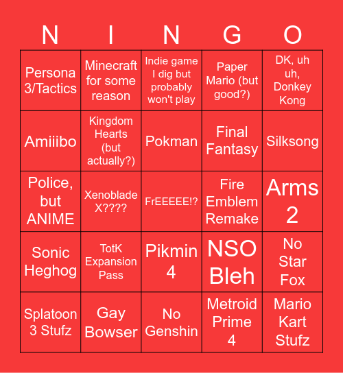 Nintendo Direct 6.21.23 Bingo Card