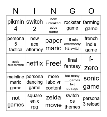 nintendo direct Bingo Card