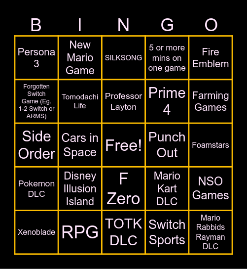 Nintendo Direct Bingo Card