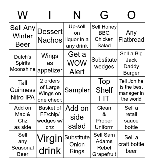 $$ BWW WINGOOOO!!!!!!!!!!!! $$ Bingo Card