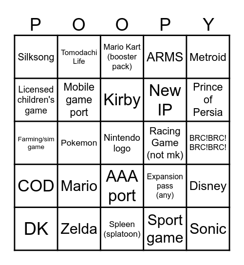 Nintendo DIRECT 6.21.23 Bingo Card