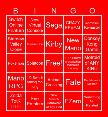 Nintendo Direct June 2023 Bingo Card