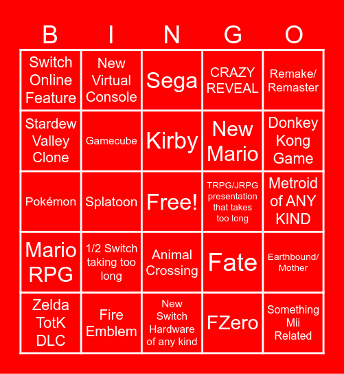 Nintendo Direct June 2023 Bingo Card