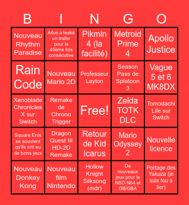 Nintendo Direct Bingo Card