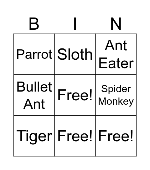 Tropical Rain Forest Animals Bingo Card