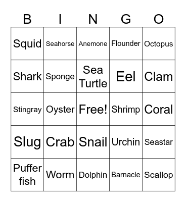 Ocean Animals Bingo Card