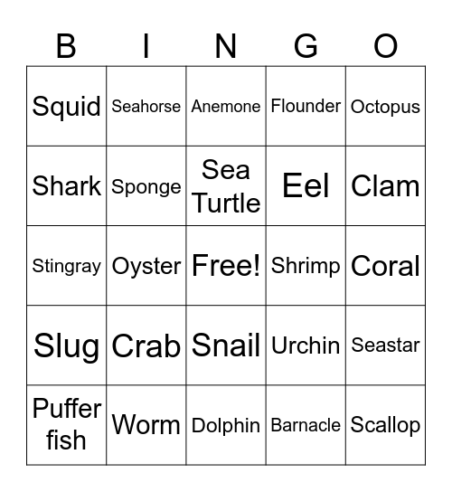 Ocean Animals Bingo Card