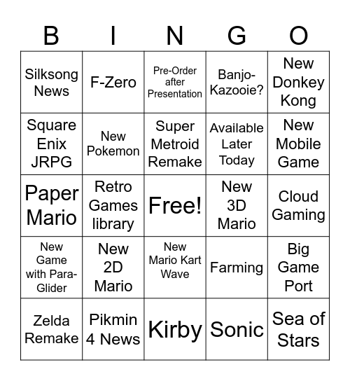 Nintendo Direct Bingo Card