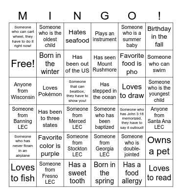 LEC YOUTH CAMP 2023 Bingo Card