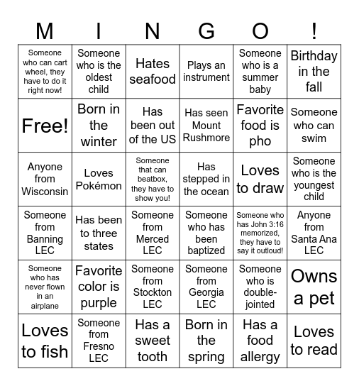 LEC YOUTH CAMP 2023 Bingo Card