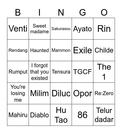 MILIM BINGO Card