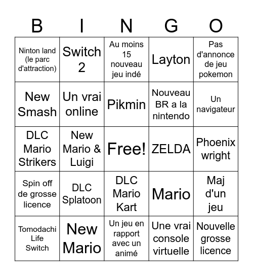 Bingo Nintendo Direct Bingo Card