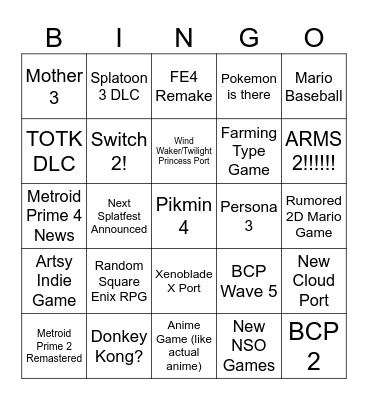 Nintendo Direct 2023 Bingo Card