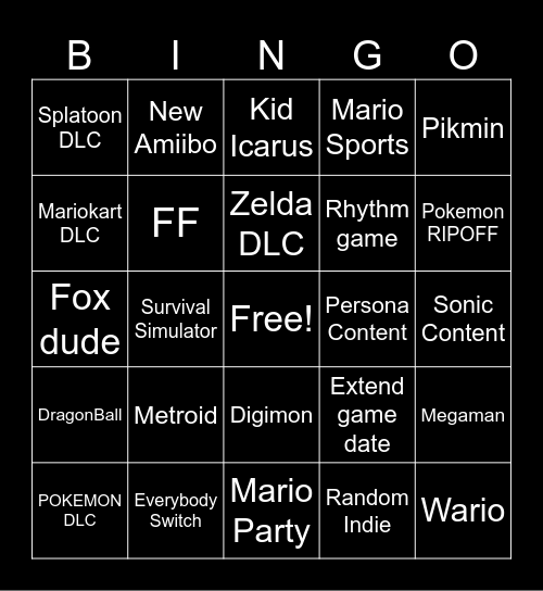 Nintendo Direct Bingo Card