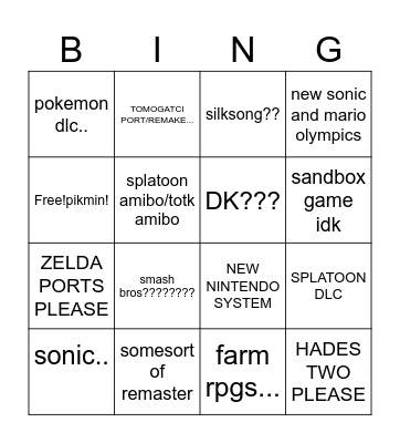 nintendo direct Bingo Card