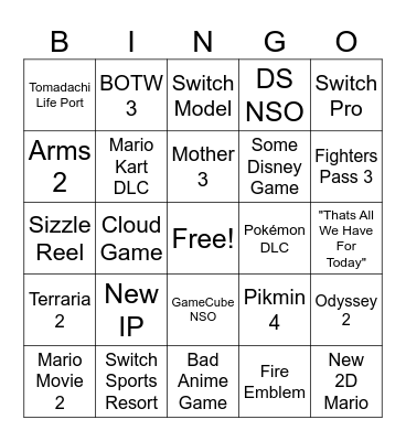 Nintendo Direct 6/21/23 Bingo Card