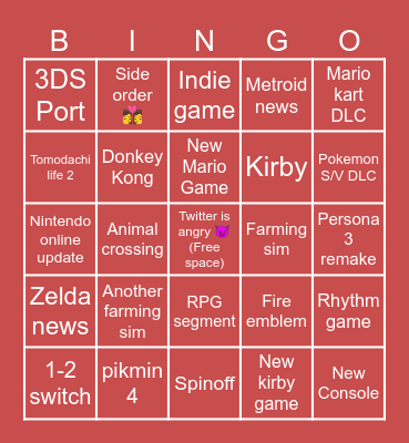 Nintendo direct Direct Bingo Card
