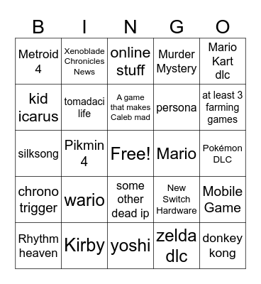 Nintendo Direct Bingo Card