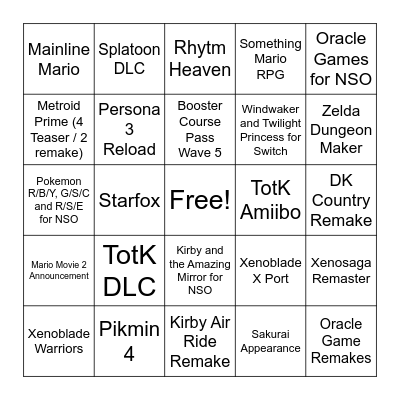 Nintendo Direct 21-06-23 Bingo Card
