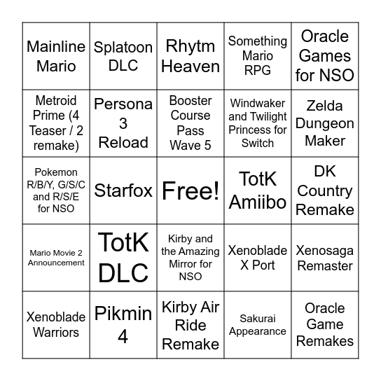 Nintendo Direct 21-06-23 Bingo Card