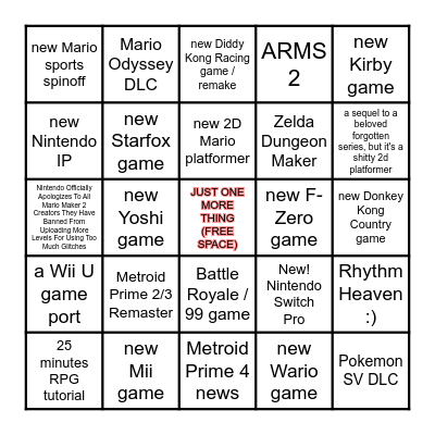 Nintendo Direct Bingo Card