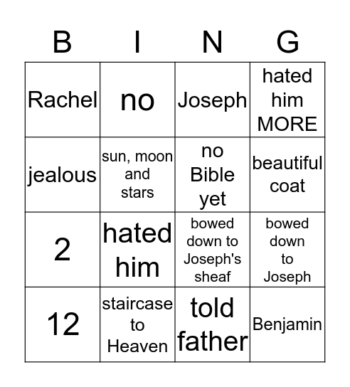 Joseph's Dreams & Coat Bingo Card