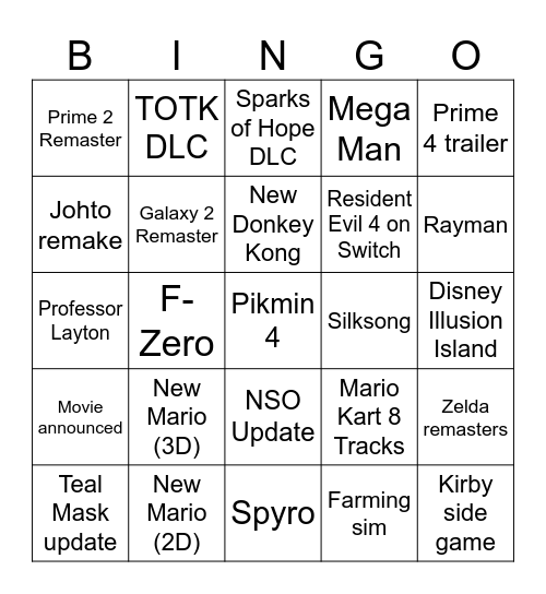 Nintendo Direct June 2023 Bingo Card