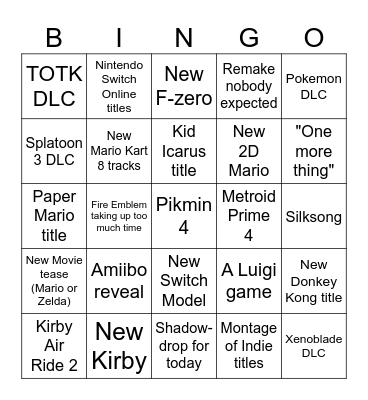 Nintendo Direct 21-6-23 Bingo Card