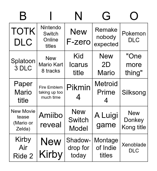 Nintendo Direct 21-6-23 Bingo Card