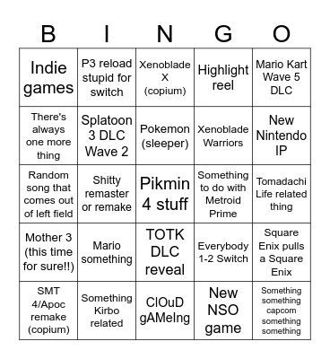 6/21 Nintendo Direct Bingo Card