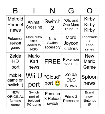 Nintendo Direct 6/21 Bingo Card