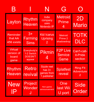 Nintendo Direct Bingo Card