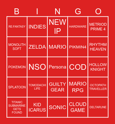 NINTENDO NOT-E3 2023 Bingo Card