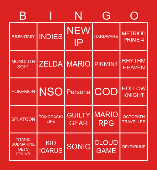 NINTENDO NOT-E3 2023 Bingo Card