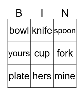 Things on the table Bingo Card