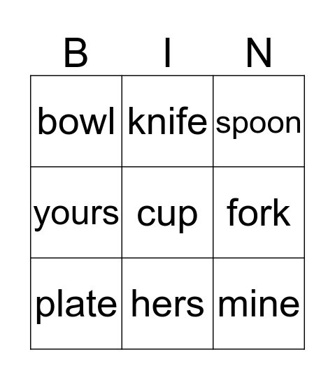 Things on the table Bingo Card