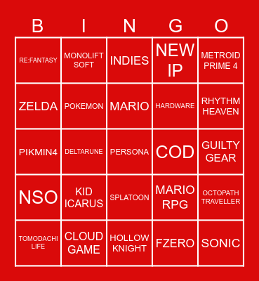 NINTENDO NOT-E3 2023 Bingo Card