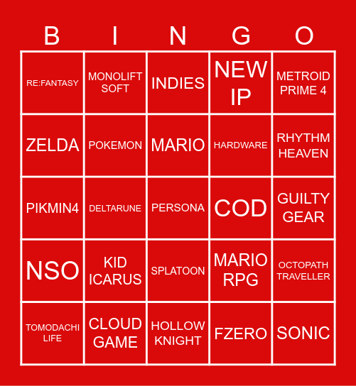 NINTENDO NOT-E3 2023 Bingo Card