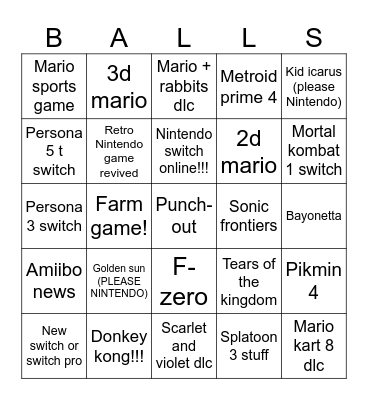 Nintendo direct bingo Card