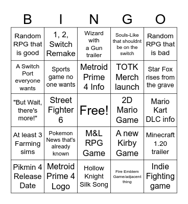 Nintendo Direct Bingo Card