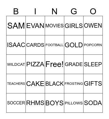 Isaacs Birthday Party Bingo Card