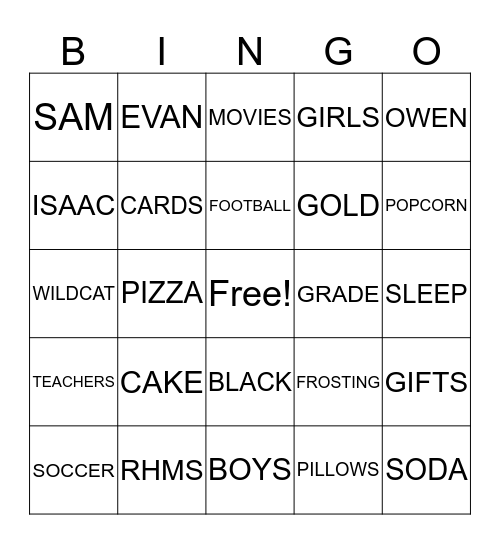 Isaacs Birthday Party Bingo Card