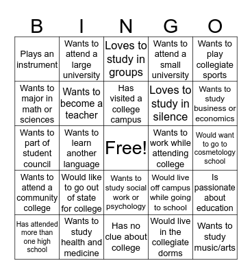 College Bound  Bingo Card