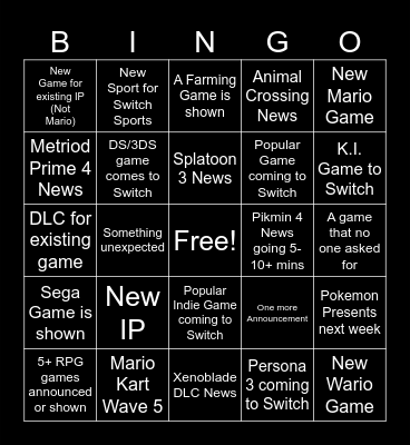 Nintendo Direct Bingo Card