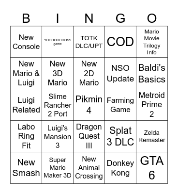 Nintendo Direct June 2023 Bingo Card