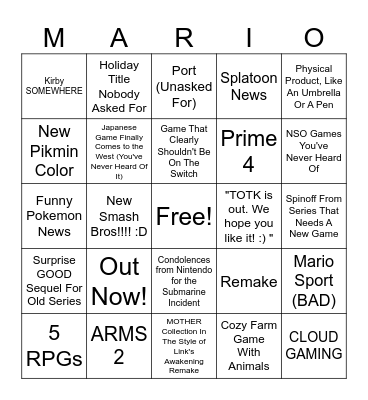 NINTENDO DIRECT M-A-R-I-O Bingo Card