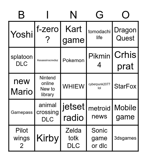 KimKnibble Nintendo Direct Bingo Card
